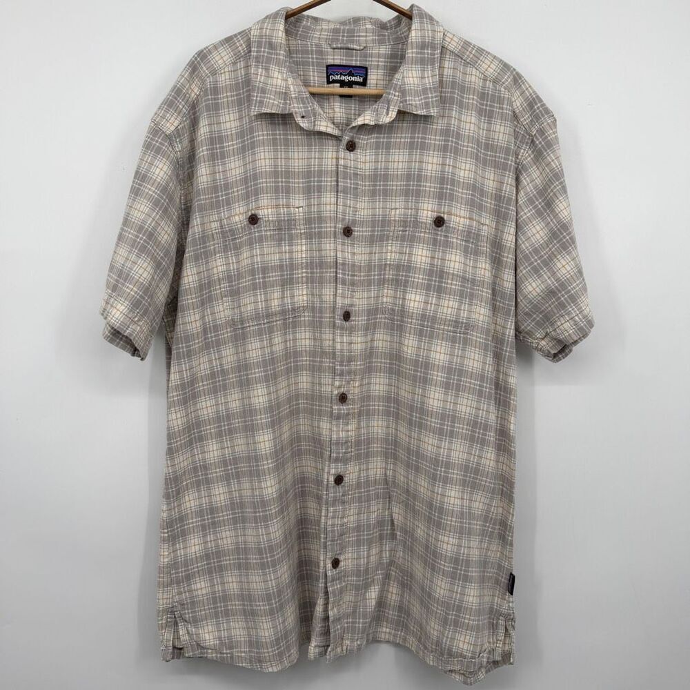 Patagonia Beige Gray Plaid Short Sleeve Button Down Back Step Shirt Size 2XL